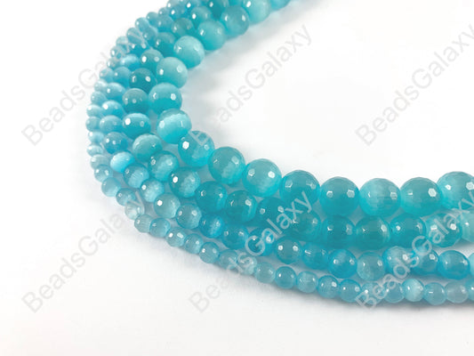 Faceted Round Cat's Eye Dyed Aqua Blue Beads Around 15"