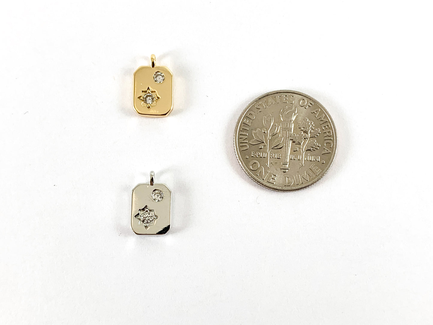 Real Gold/Platinum 18K Plated Micro CZ Rectangular North Star Pave Tag Charm Over Brass 8pcs