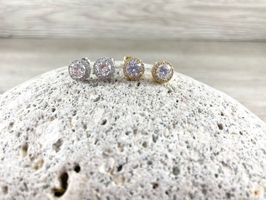 18K Gold/Platinum Plated CZ Pave Round Halo Earring Studs Over Copper 5pairs
