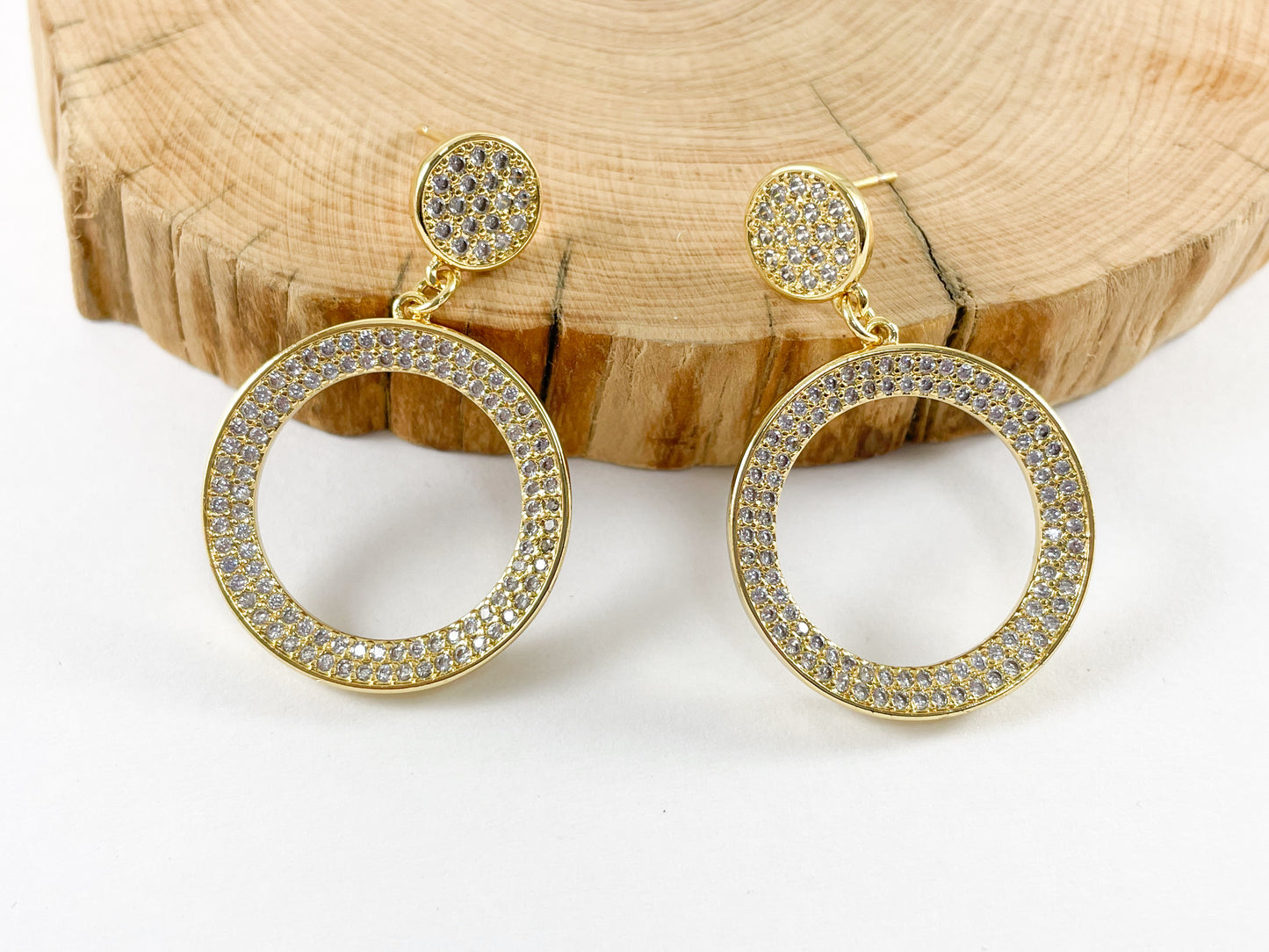 18K Gold/Platinum Plated Micro CZ Pave Dangle Circle Shape Earrings 2pairs