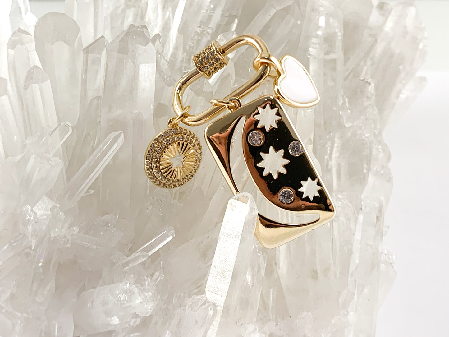 18K Gold Plated CZ Pave Star Heart Charm Rectangle Screw Clasp Pendant Over Copper 3pcs