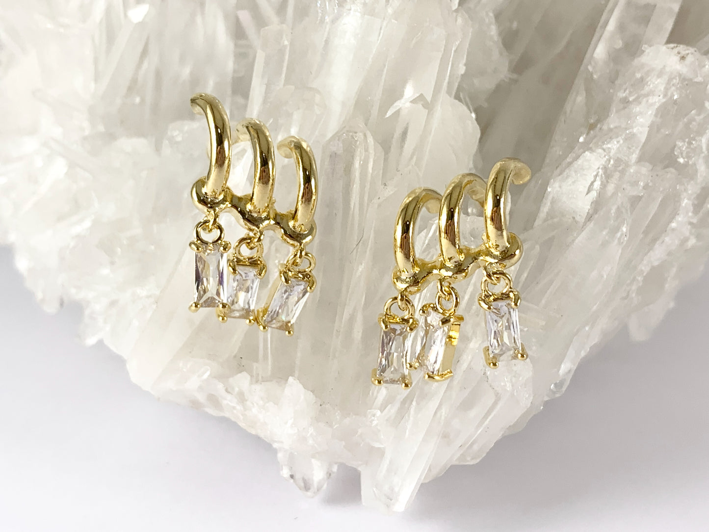 Real 18K Gold or Silver Plated CZ Pave Baguette Dangle Climber Earring Studs Over Copper 3 pairs