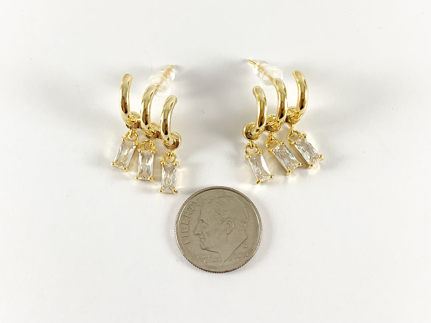 Real 18K Gold or Silver Plated CZ Pave Baguette Dangle Climber Earring Studs Over Copper 3 pairs