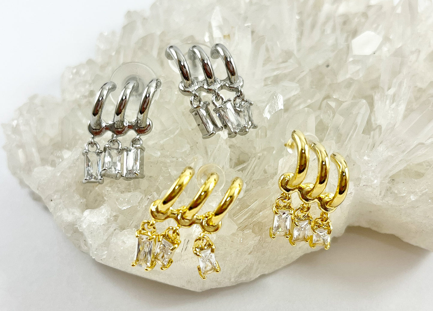 Real 18K Gold or Silver Plated CZ Pave Baguette Dangle Climber Earring Studs Over Copper 3 pairs