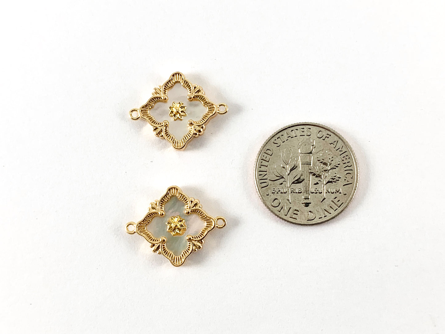 18K Gold Plated Brass Mother of Pearl Clover Connector Charm Over Brass 6pcs