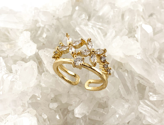 Real 18K Gold Plated CZ Pave Floral Cluster Double Band Adjustable Ring 4pc