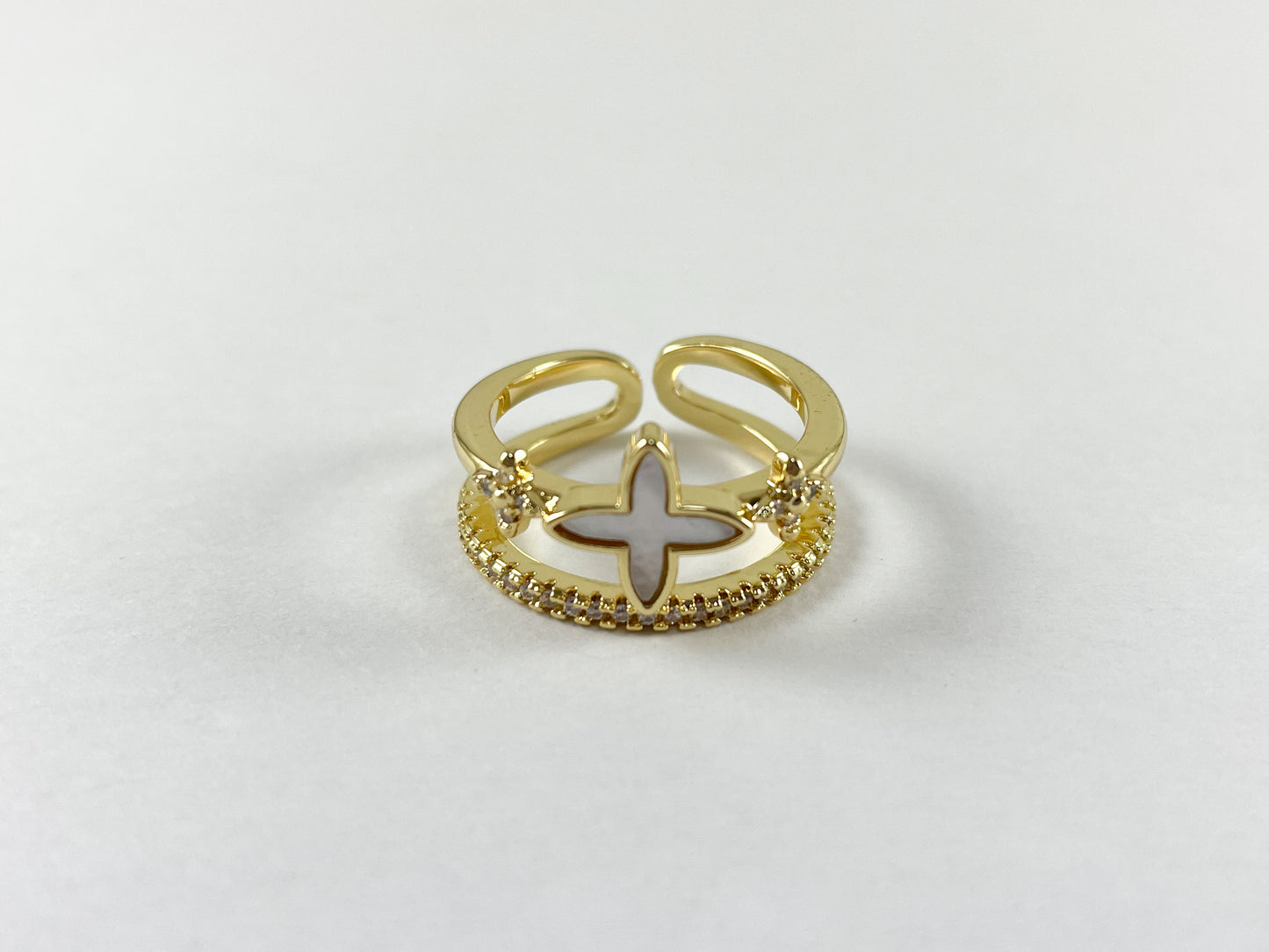 18K Gold and Platinum Plated Double Banded CZ Pave White Shell Clover Adjustable Ring 4pcs