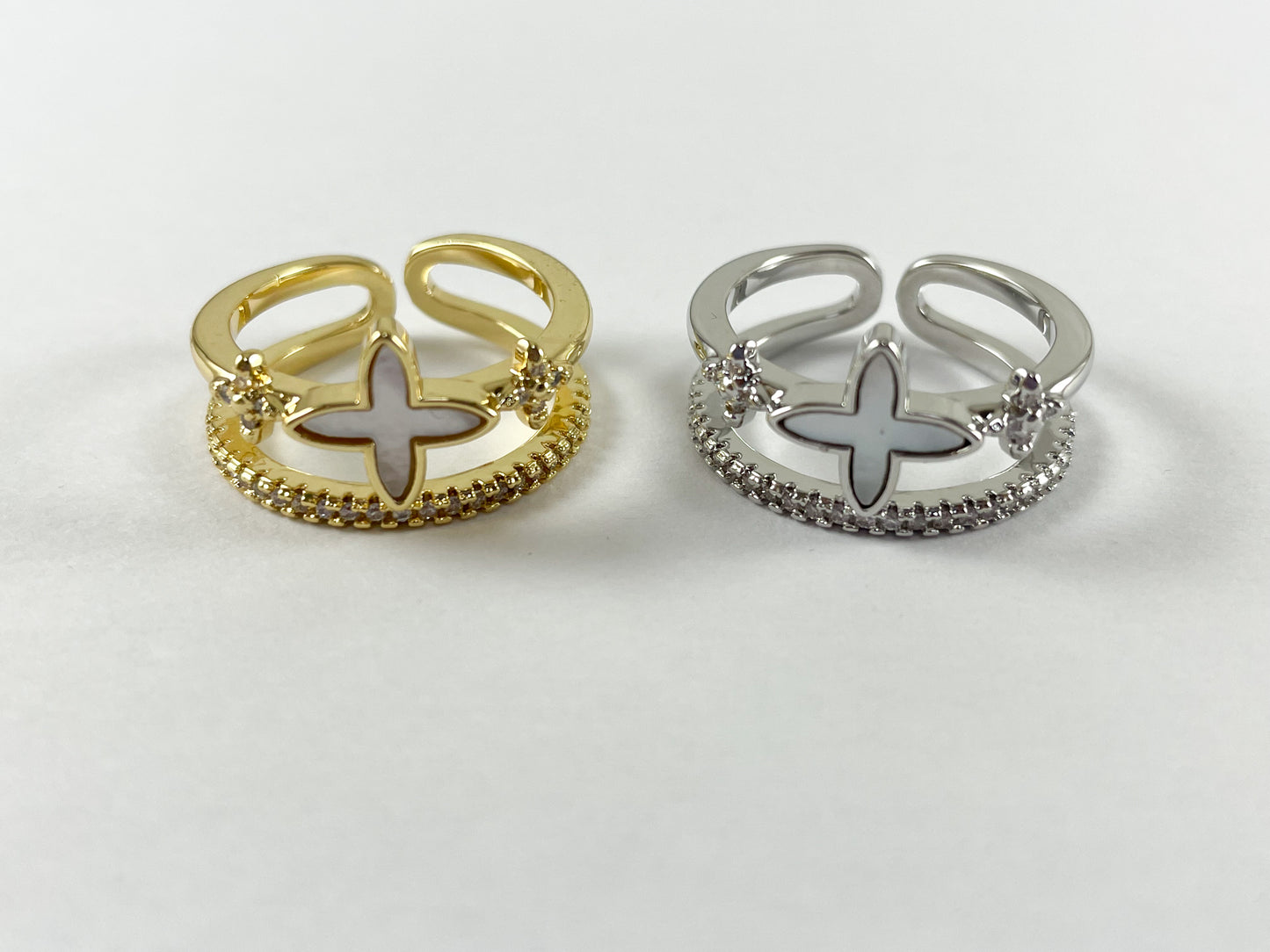 18K Gold and Platinum Plated Double Banded CZ Pave White Shell Clover Adjustable Ring 4pcs