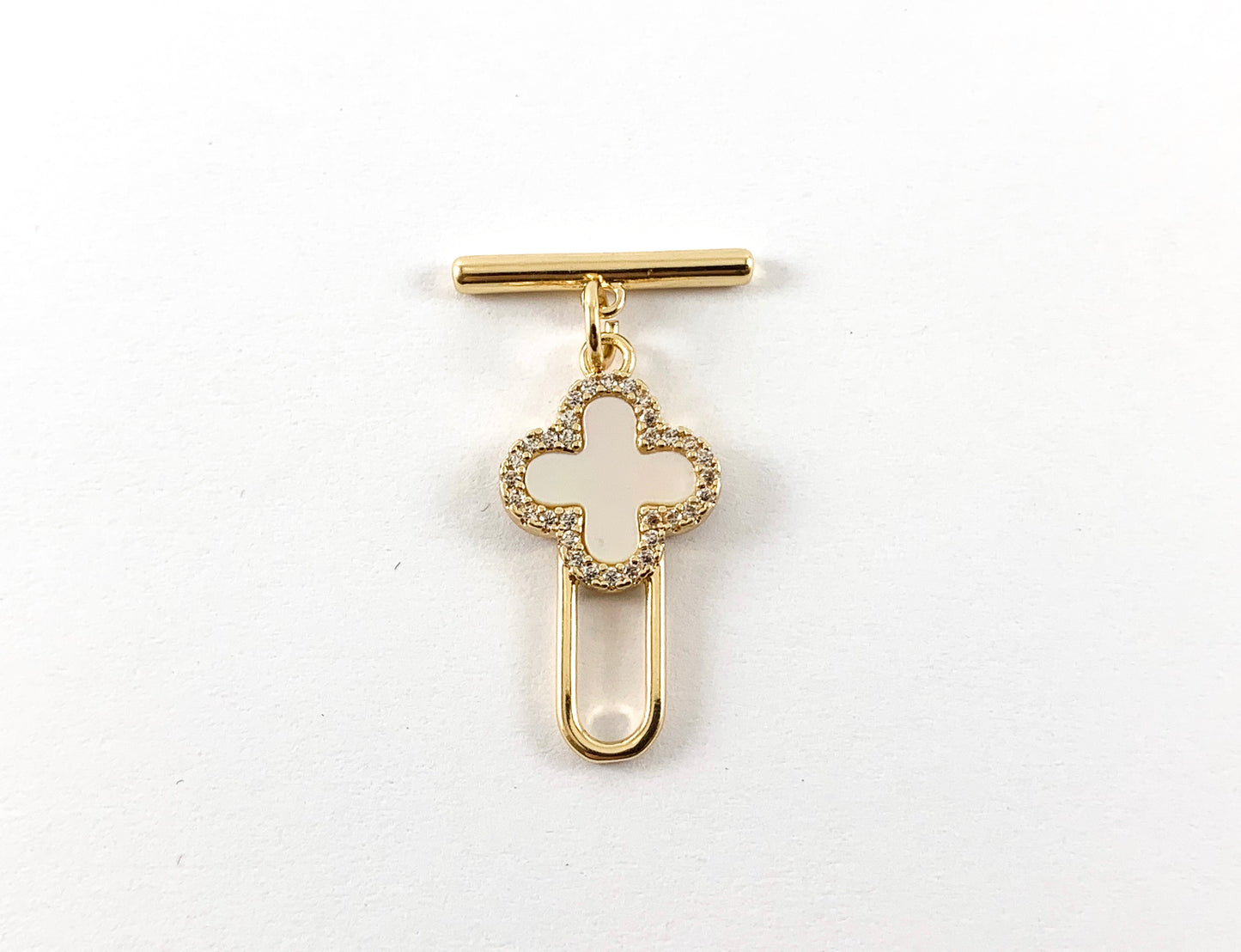 18K Gold Plated CZ Pave Clover White Lip Shell Toggle Component 6pcs