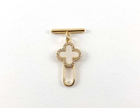 18K Gold Plated CZ Pave Clover White Lip Shell Toggle Component 6pcs