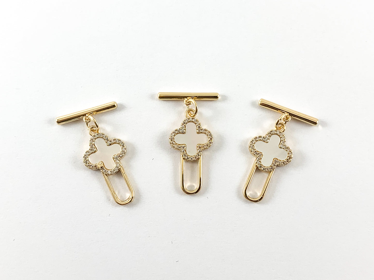 18K Gold Plated CZ Pave Clover White Lip Shell Toggle Component 6pcs