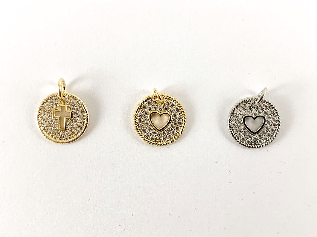 Real Gold/Platinum 18K Plated Micro CZ Hollow Heart Cross Coin Pave Charm Over Copper 8pcs