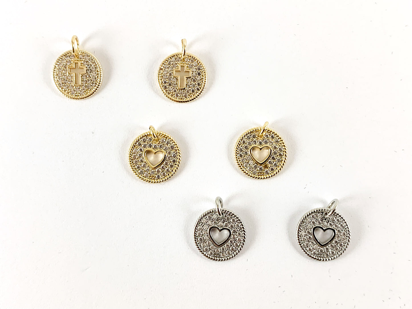 Real Gold/Platinum 18K Plated Micro CZ Hollow Heart Cross Coin Pave Charm Over Copper 8pcs