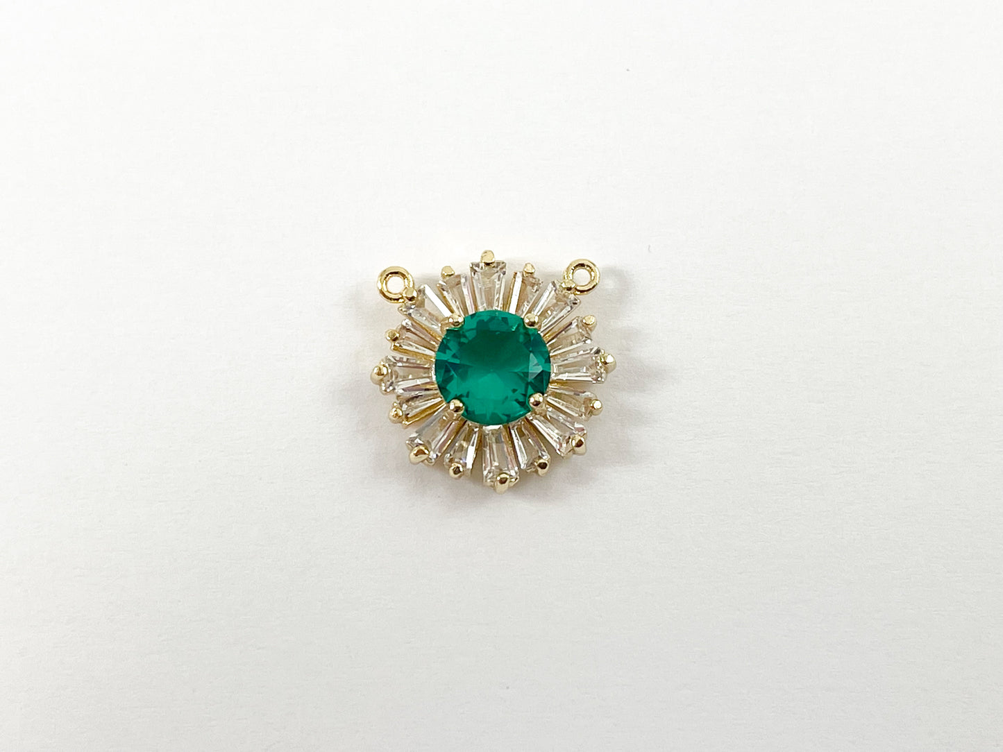 18K Gold Plated Brass Circle Baguette Cubic Zirconia Pave Rhinestone Clear Green Top Pendant Charm Over Brass 6pcs