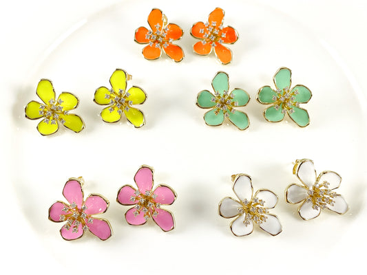 Real 18K Gold Plated CZ Pave Enamel Neon Orange Pink Yellow Mint White Daisy Flower Earring Post Over Copper 3 pairs