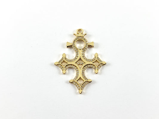 Real Gold 18K Plated Micro CZ Pave Cross Pendant with Crown Over Copper 4pcs