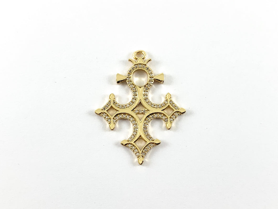 Real Gold 18K Plated Micro CZ Pave Cross Pendant with Crown Over Copper 4pcs