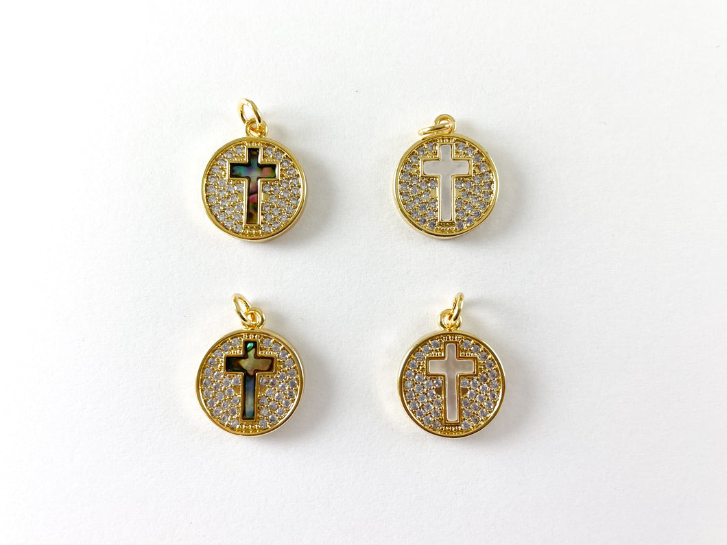 18K Gold Plated Cross Abalone Shell Pearl Coin Charm Pendant Over Copper 5pcs