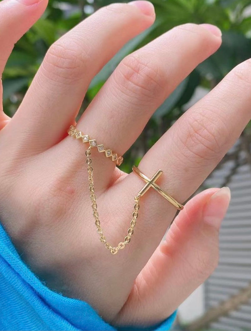 Real Gold 18K Plated CZ Pave Adjustable Stackable Cross Ring Set 3pcs