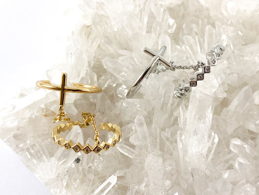 Real Gold 18K Plated CZ Pave Adjustable Stackable Cross Ring Set 3pcs