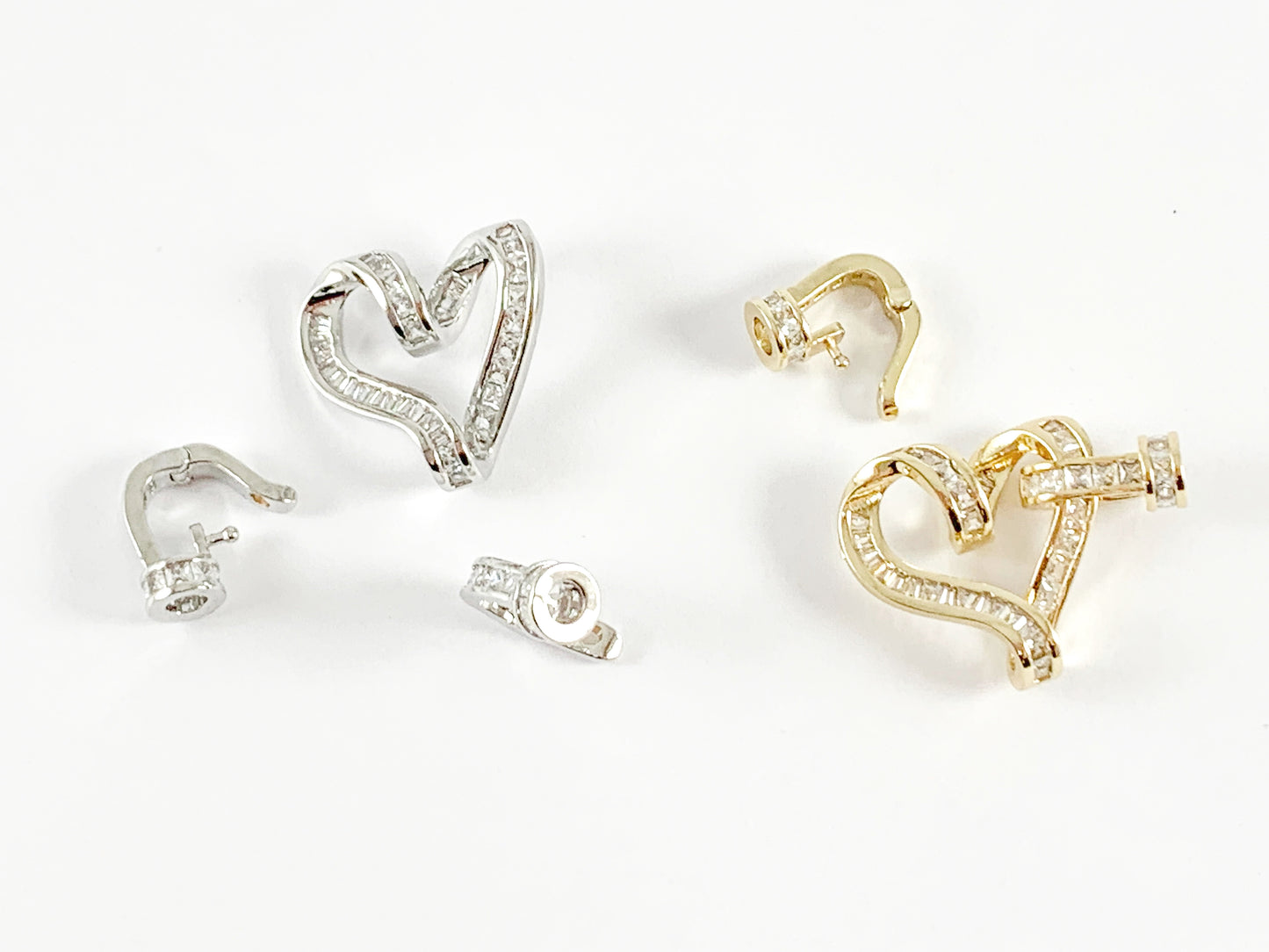 Heart Shaped CZ Baguette Clasps Findings in 18K Gold or Silver Plated over Copper 3 pieces