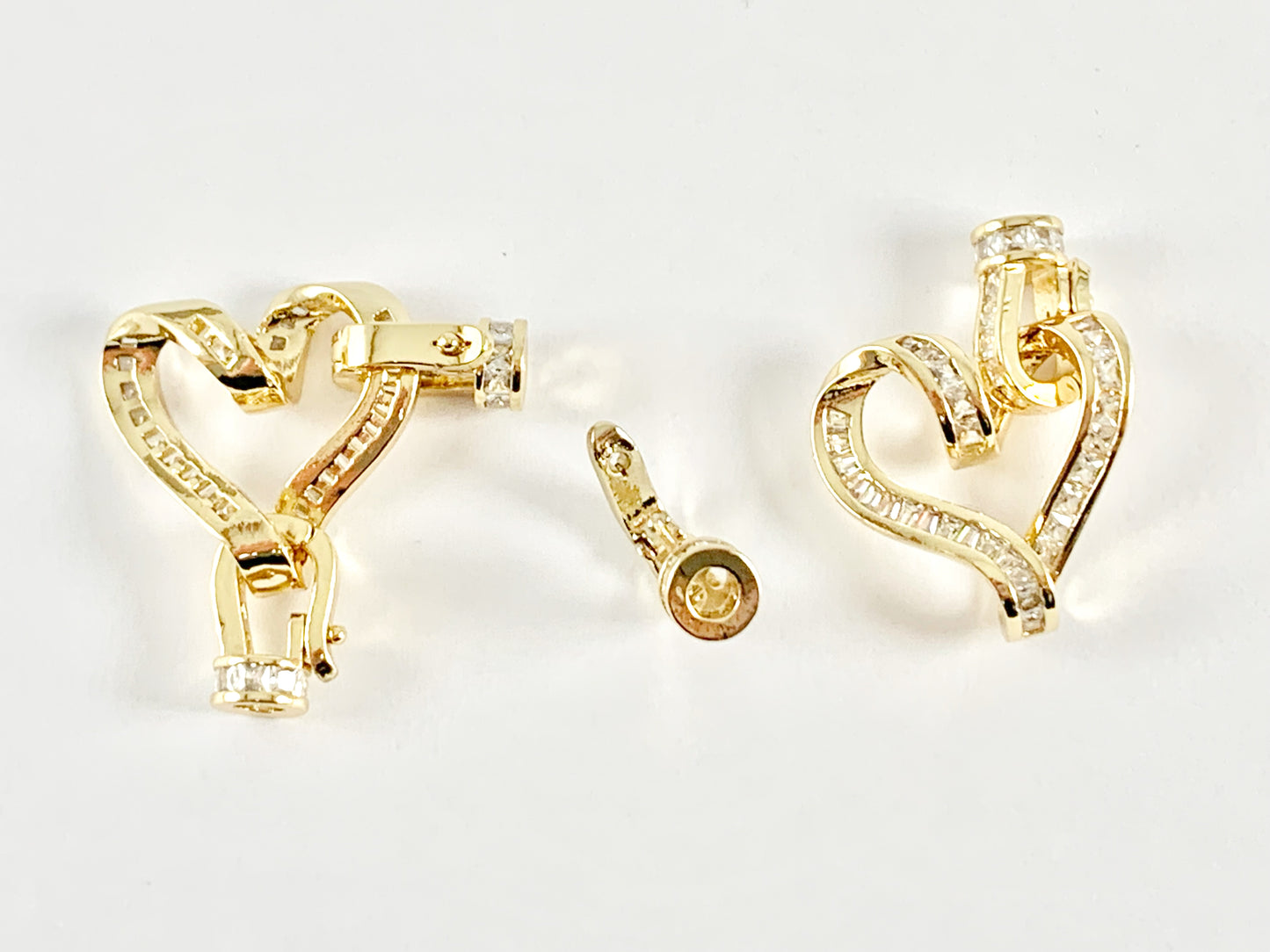 Heart Shaped CZ Baguette Clasps Findings in 18K Gold or Silver Plated over Copper 3 pieces