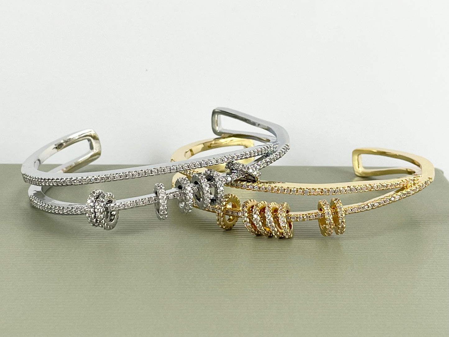 Criss Cross Dangle Coin Shiny Adjustable Bracelet Cuffs Real Gold/Silver 18K Plated CZ Pave over Copper 1 cuff