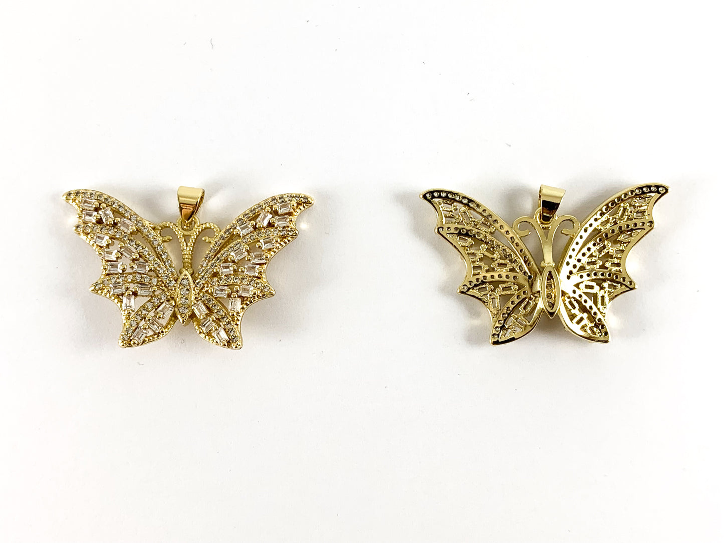 Real Gold/Platinum 18K Plated Micro CZ Butterfly Pave Pendant Over Brass 2pcs