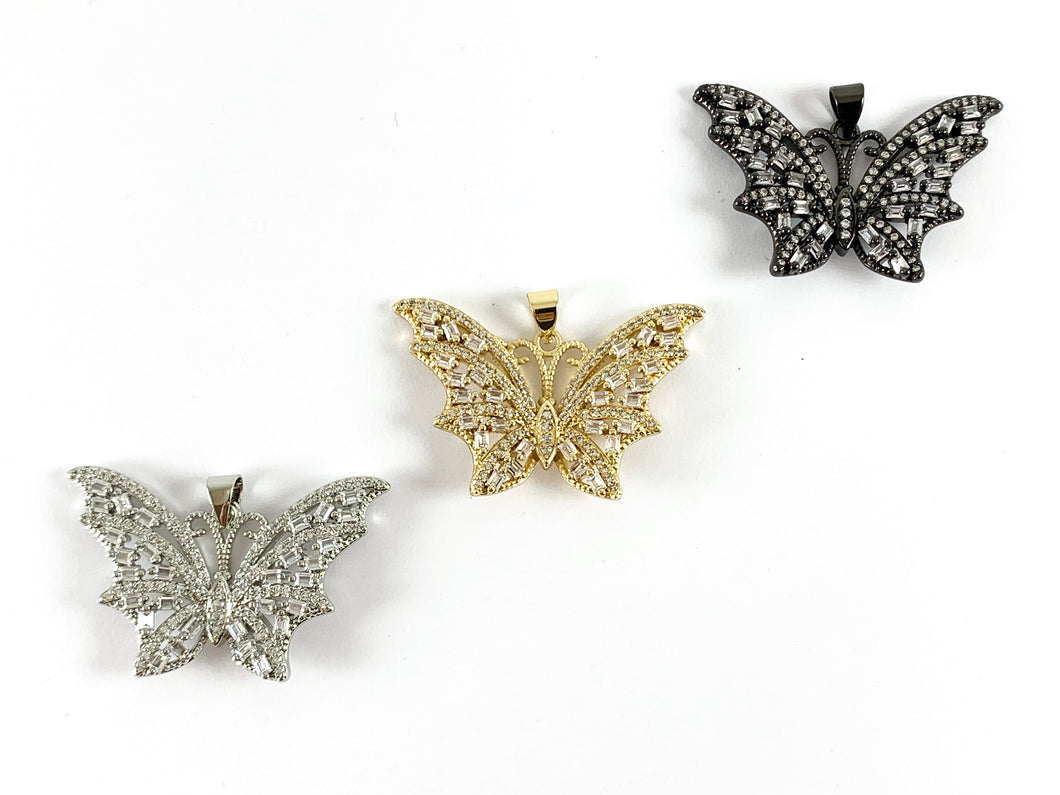 Real Gold/Platinum 18K Plated Micro CZ Butterfly Pave Pendant Over Brass 2pcs