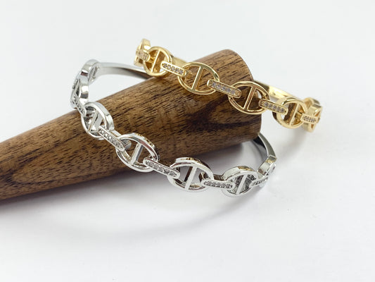 Mariner Coffee Bean Link Bling Stackable Bracelet Cuff in Gold or Silver Plated CZ Pave Adjustable Pig Nose Bracelet Cuffs over Brass 1 bracelet