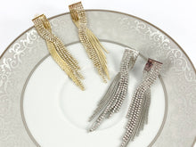 Load image into Gallery viewer, Glamorous fringe Crossover Rhinestone Tassel Earrings in 18K Gold or Silver Plated over Copper 1 pair
