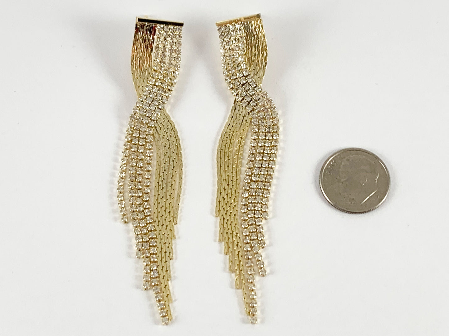 Glamorosos aretes cruzados con borlas y diamantes de imitación con flecos en oro de 18 quilates o chapado en plata sobre cobre, 1 par