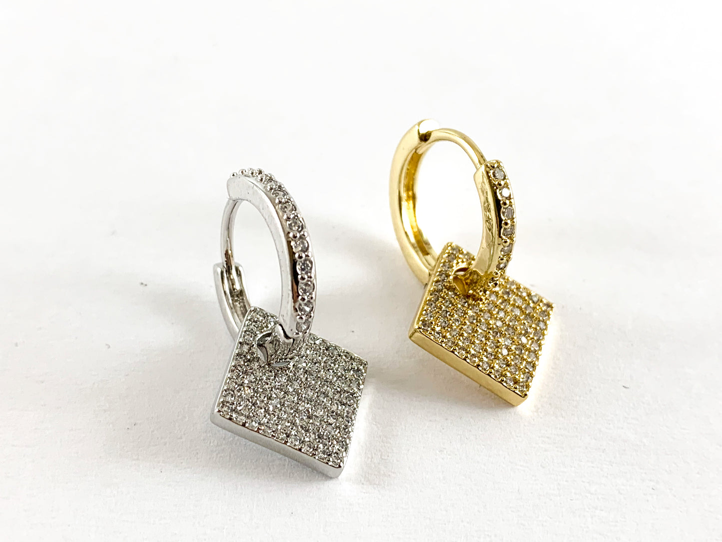 Real Gold/Platinum 18K Micro CZ Pave Dangle Diamond Shape Earring Huggies 3 pairs