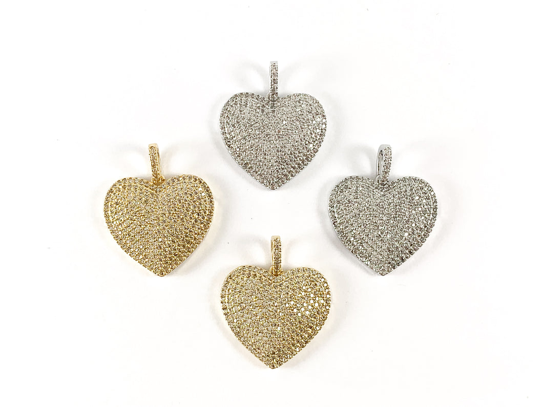 Real Gold/Platinum 18K Plated Micro CZ Heart Pave Pendant Over Brass 3pcs