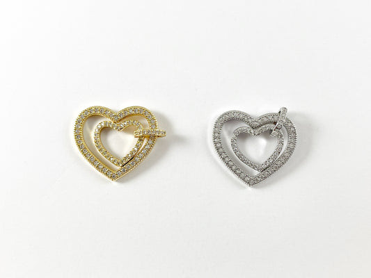 18K Gold/Platinum Micro CZ Pave Hollow Side Heart Pave Dangle Pendant Over Brass 3pcs