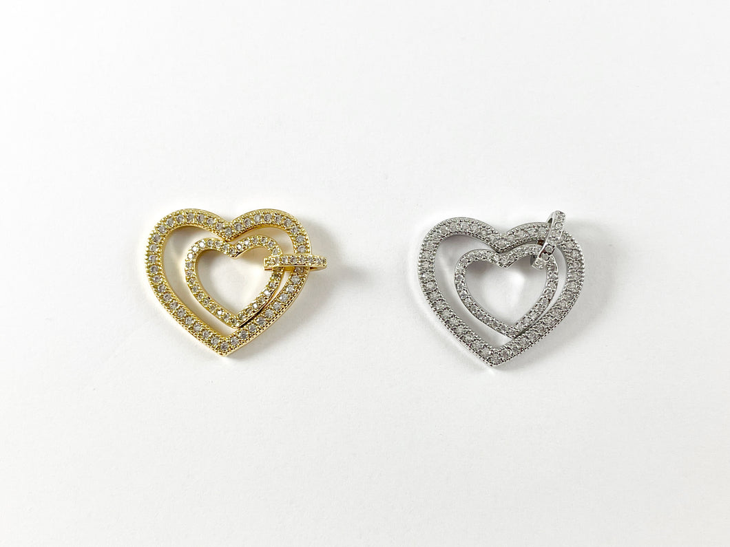 18K Gold/Platinum Micro CZ Pave Hollow Side Heart Pave Dangle Pendant Over Brass 3pcs