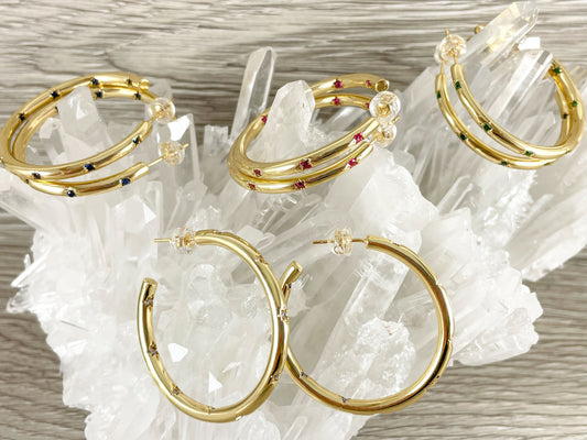 18K Gold Plated CZ Pave Circle Hoop Earring Over Copper 3 pairs