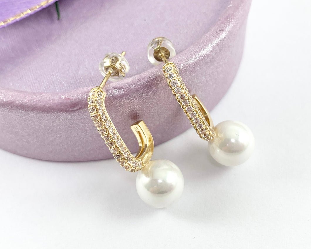 Elegant Pearl Drop Earrings in CZ Pave 18K gold Plated over Copper 3 pairs