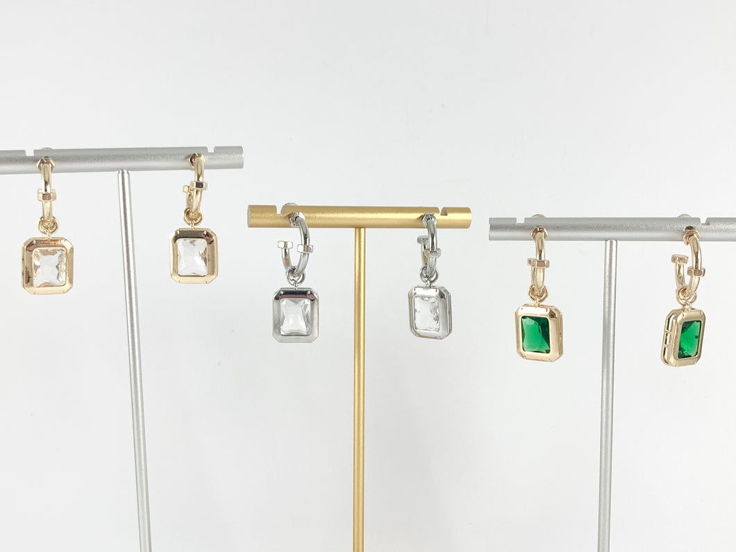 Chic Rectangle Green Clear CZ Pave Dangle Hoop Huggies in 18K Gold or Silver plated over copper 3 pairs