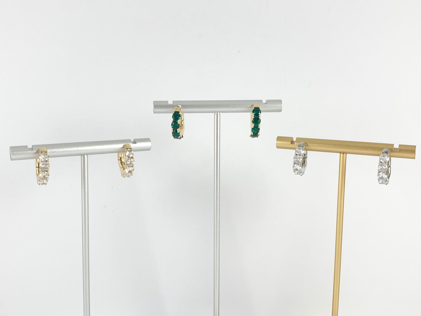 Minimalist Green Clear CZ Pave Earring Huggies in 18K Gold or Silver plated over copper 3 pairs