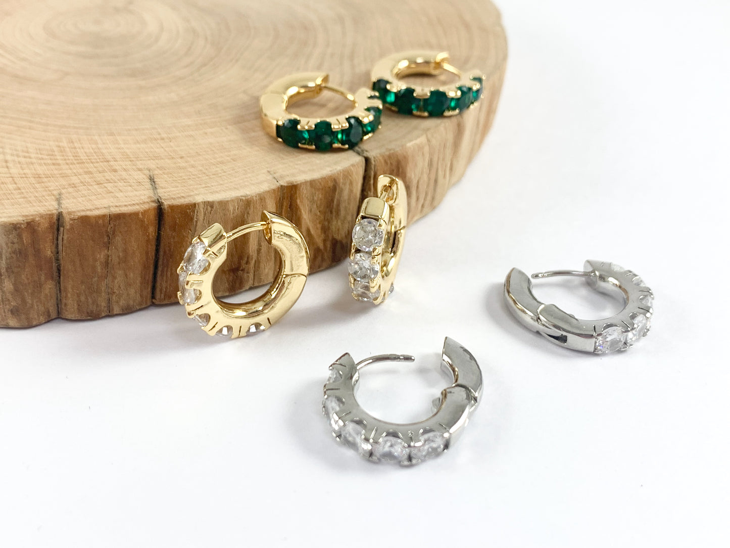 Minimalist Green Clear CZ Pave Earring Huggies in 18K Gold or Silver plated over copper 3 pairs