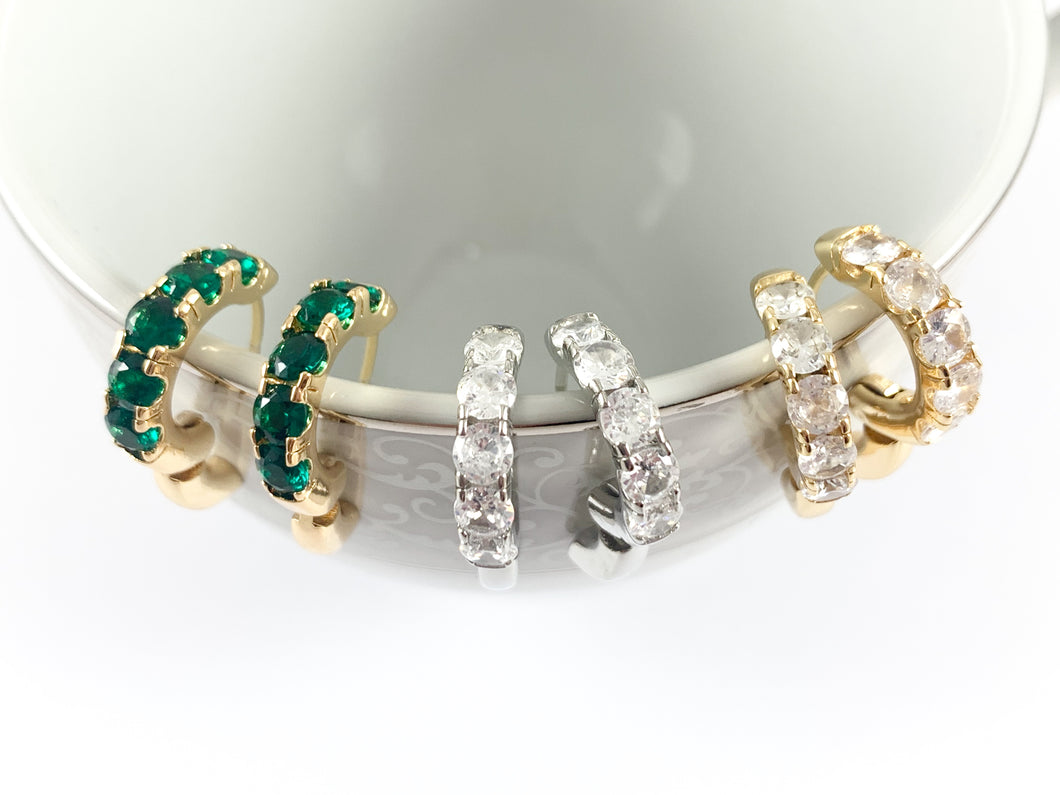 Minimalist Green Clear CZ Pave Earring Huggies in 18K Gold or Silver plated over copper 3 pairs