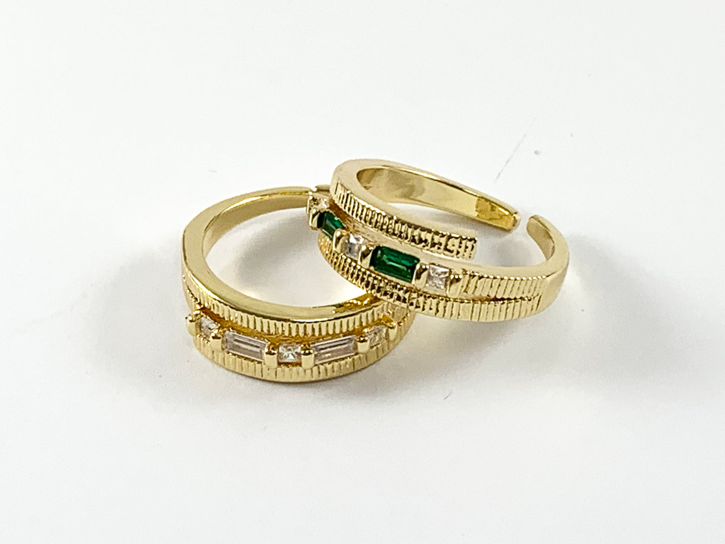 Real 18K Gold/Platinum Plated Copper CZ Pave Baguette Triple Bypass Adjustable Ring 4 pcs