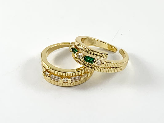 Real 18K Gold/Platinum Plated Copper CZ Pave Baguette Triple Bypass Adjustable Ring 4 pcs