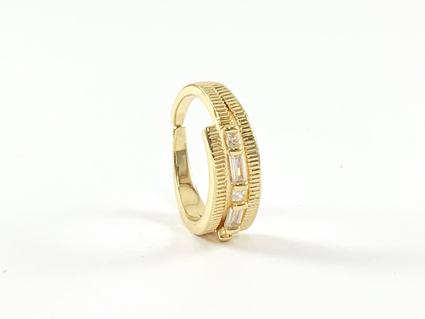 Real 18K Gold/Platinum Plated Copper CZ Pave Baguette Triple Bypass Adjustable Ring 4 pcs