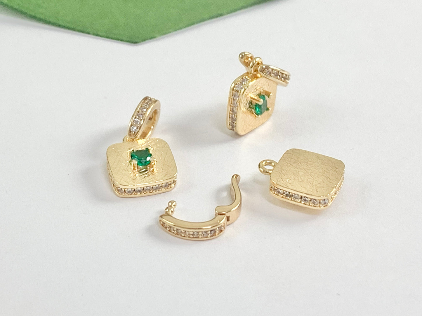 Dainty Emerald Diamond Rhinestone CZ Square Pendants with a Open Bail in 18K Gold plated Copper 6 pcs