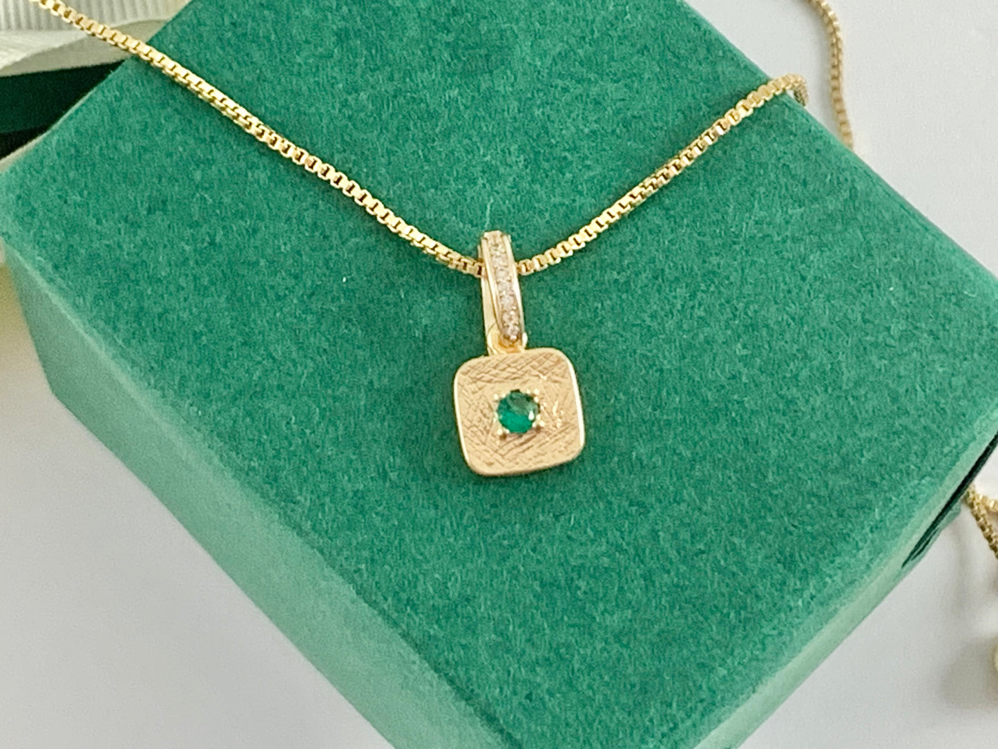 Dainty Emerald Diamond Rhinestone CZ Square Pendants with a Open Bail in 18K Gold plated Copper 6 pcs