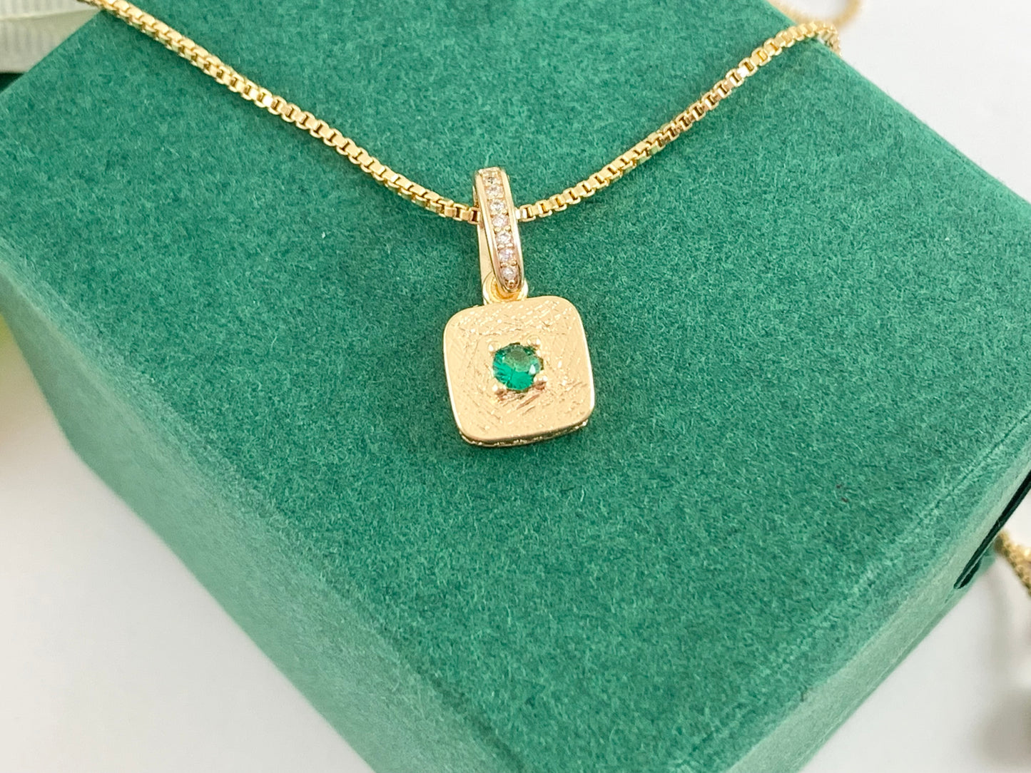 Dainty Emerald Diamond Rhinestone CZ Square Pendants with a Open Bail in 18K Gold plated Copper 6 pcs