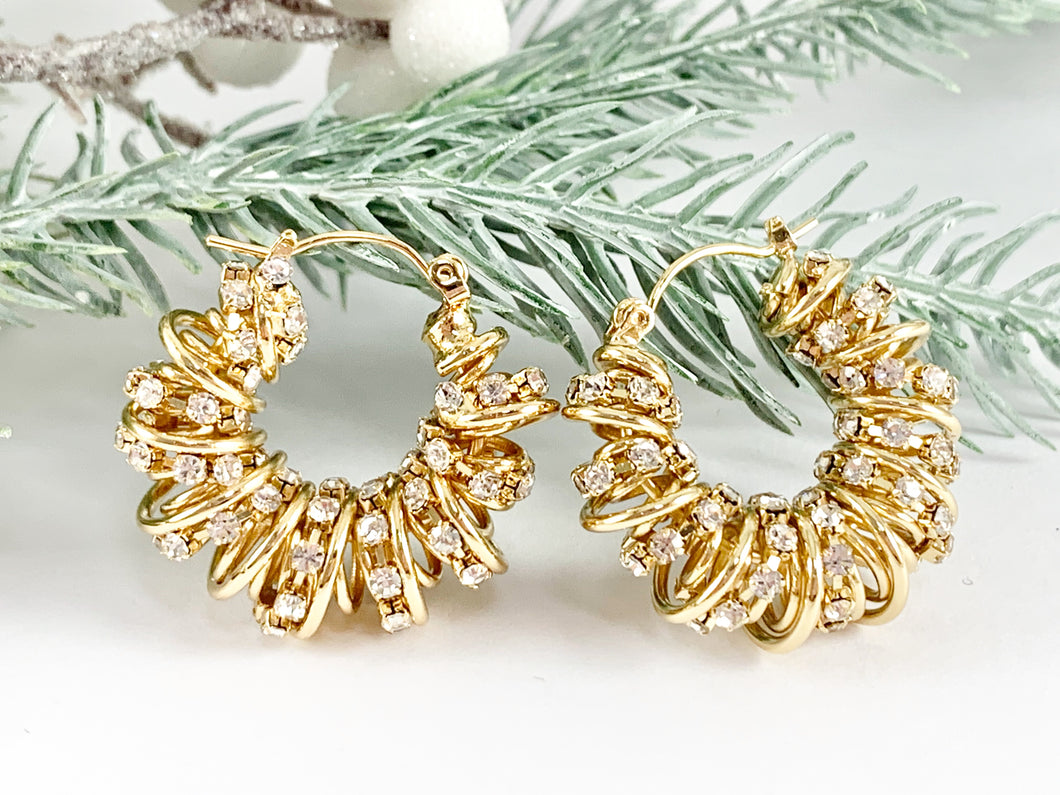 Bling Rhinestone Swirly Twirl Twisted Croissant Earring Hoops in 18K Gold Plated Copper 2 pairs