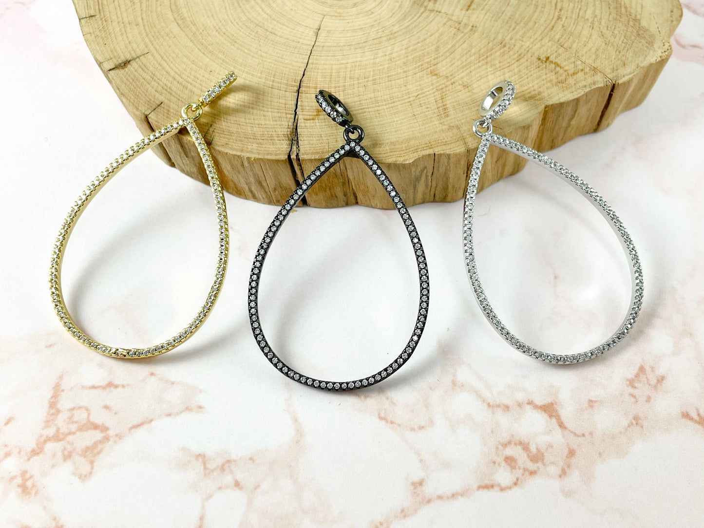 Real Gold/Platinum Gunmetal 18K Plated Micro CZ Pave Rhinestone Teardrop Pendant Over Brass 3pcs